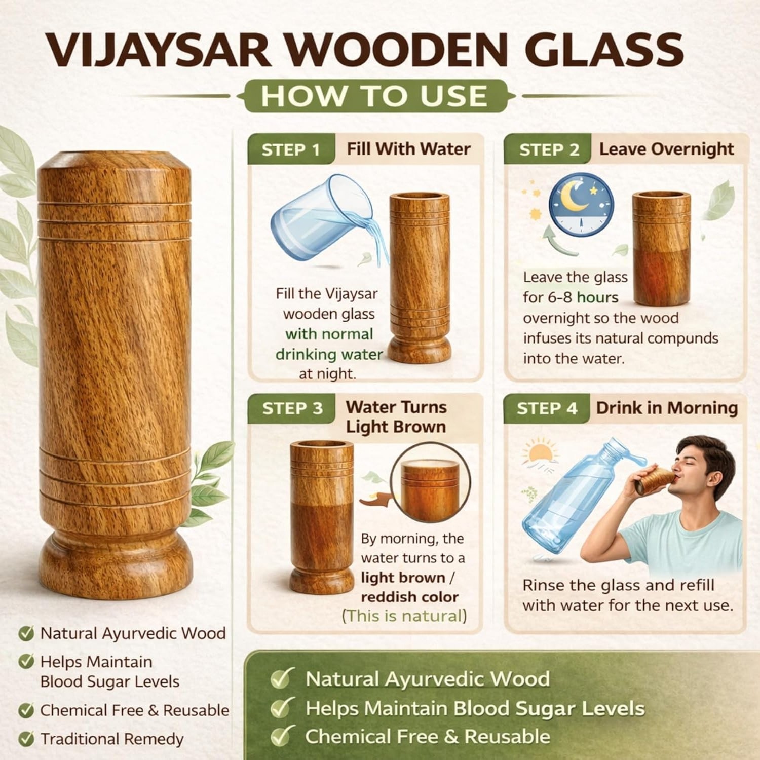 How to use Vijaysar Wooden Glass — 4 steps infographic